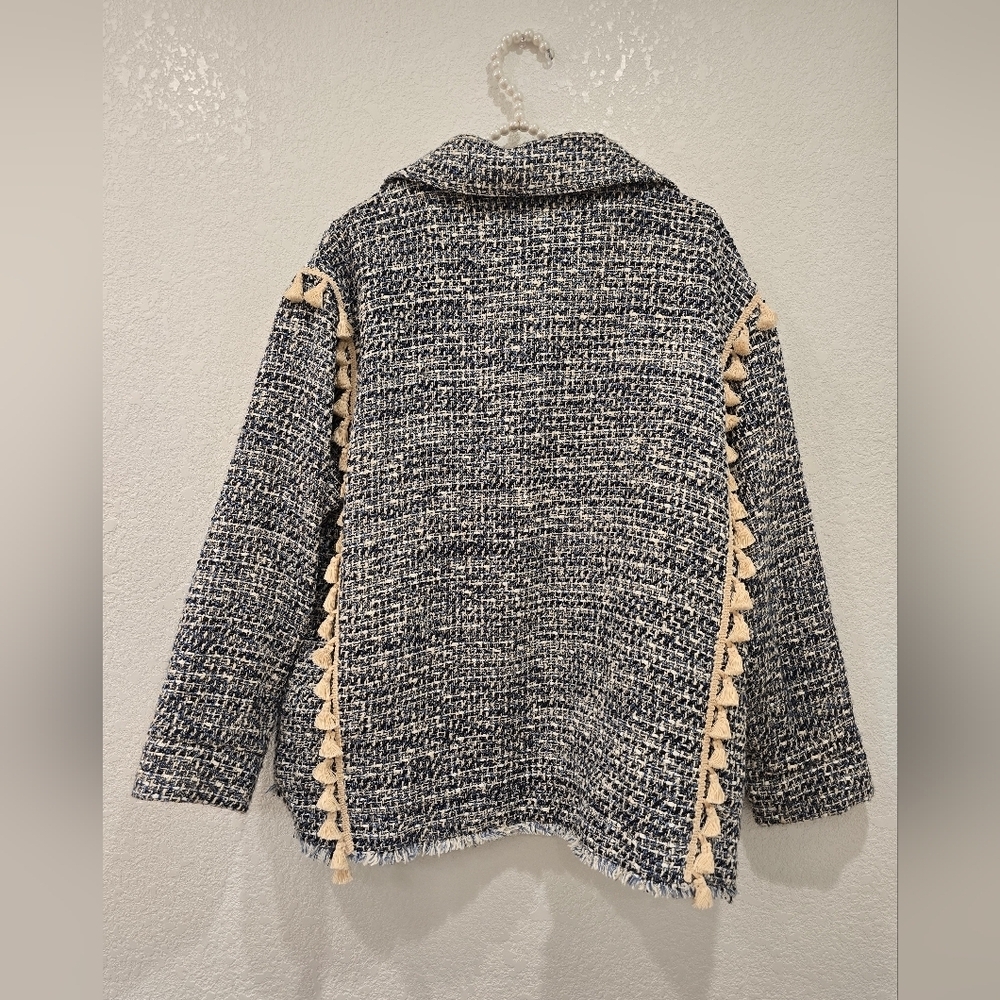 Zara Tweed Tassel Accent Boxy Relaxed Blazer Jacket Size S - Picture 3 of 5
